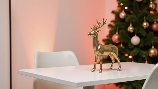 A modern ChristmasNew Year scene features a minimalist reindeer sculpture on a sleek table under warm pinkyellow lighting evoking a chic holiday ambiance photo