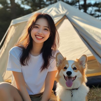 Cheerful woman enjoying a sunny day outdoors beside her happy corgi near a camping tent photo