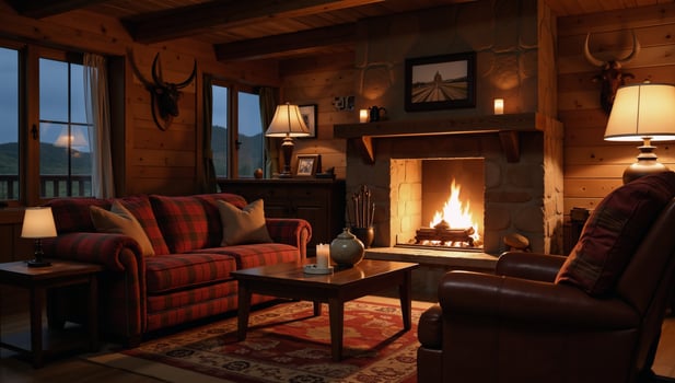 Nighttime living room with Westerninspired decor featuring a cartoon modern fireplace with candles and horns plaid furniture an armchair table and glowing lamps adorned with cowhide rugs and mounted photo