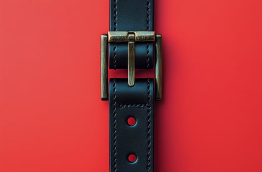 Black leather belt against a bright red background showcasing simple elegance and style photo