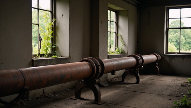 Abandoned industrial scene featuring old rusty pipes symbolizing environmental pollution photo