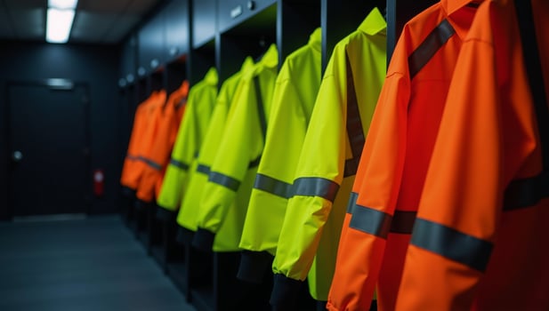 Highvisibility jackets neatly arranged in dim locker room conveys readiness and safety photo