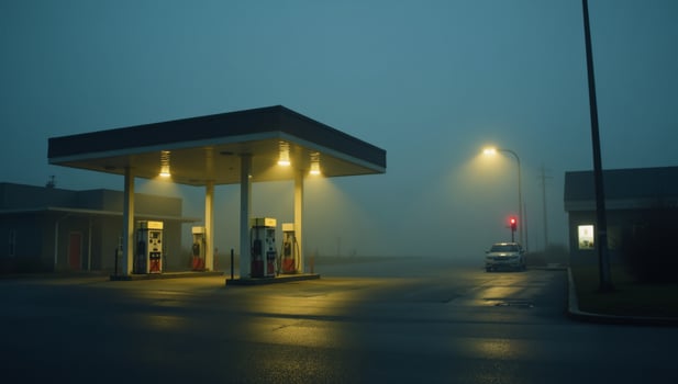 Foggynight scene featuring cinematic view of a gas station photo