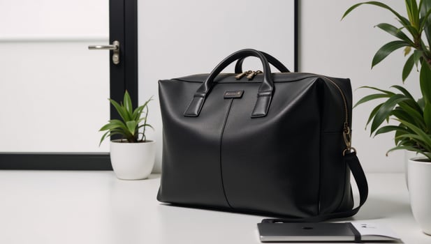 Stylish leather travel bag locker with intricate detailing set within a contemporary office environment photo