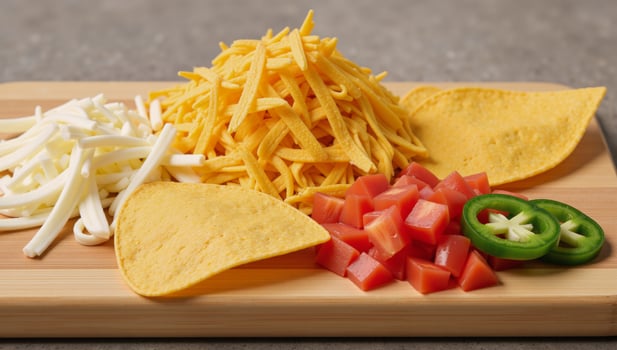 Nachomaking essentials corn chips cheese diced tomatoes and sliced jalapenos photo
