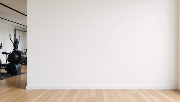 Modern gym interior blank wall and woodfloored workout space photo