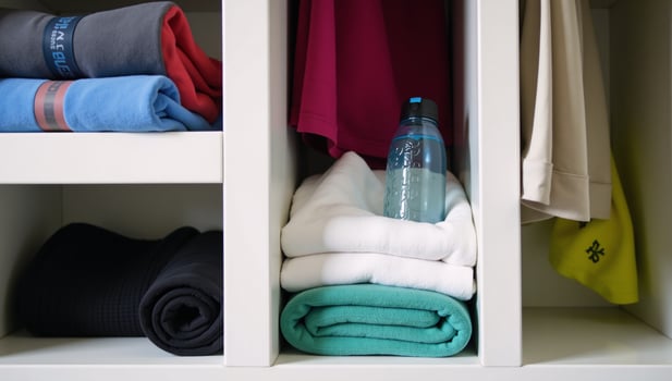 A water bottle sits inside a gym locker next to hanging towels Locker room setting photo
