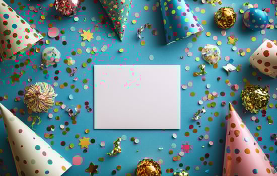 Colorful party decorations and supplies arranged on a blue background with a blank card photo