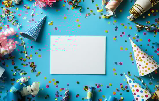 Festive celebration setup with colorful party hats and confetti on a bright blue background photo