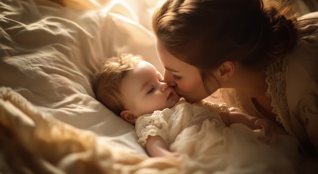 A mother gently kisses her baby while relaxing in a softly lit bedroom at night photo