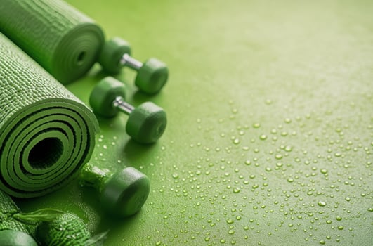 Bright green yoga mat and weights with a green apple, promoting fitness and healthy living photo