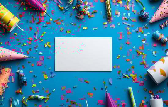 Festive celebration setup with colorful party hats and confetti on a bright blue background photo
