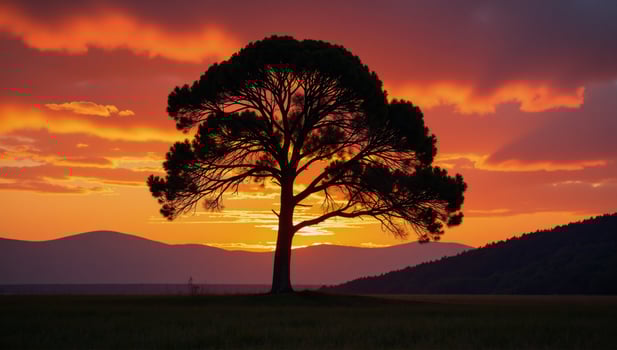 A solitary tree at sunset is depicted through detailed illustrative paintings photo