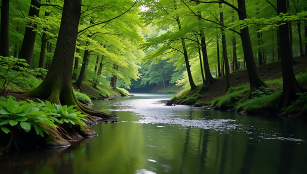 Breathtaking forest landscape featuring a winding river and lush foliage photo