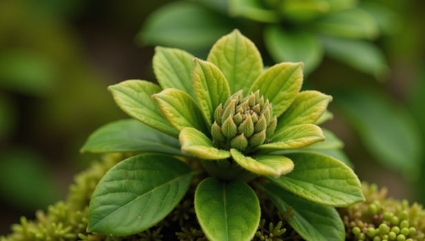 Mossy leaves detailed closeup against an outdoor green backdrop photo
