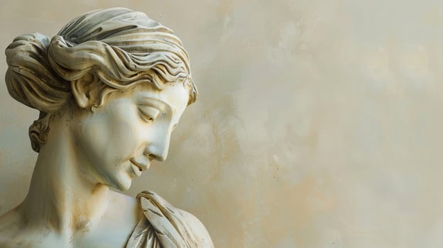 A classic marble sculpture of a woman with copy space, captured in profile with a soft pastel background, embodying timeless beauty and elegance photo