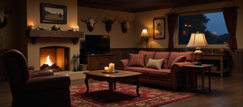Nighttime living room with Westerninspired decor featuring a cartoon modern fireplace with candles and horns plaid furniture an armchair table and glowing lamps adorned with cowhide rugs and mounted photo