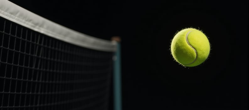 Yellow tennis ball soaring towards blackbackdrop tennis net banner for text insertion Generated by photo