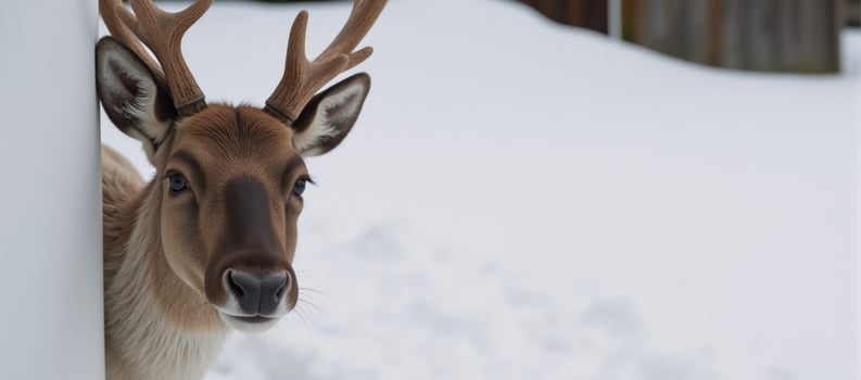Reindeer humorously emerges from a snowy wall photo