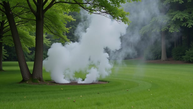 Outdoor scene with fog mistily spouting from natural elements photo