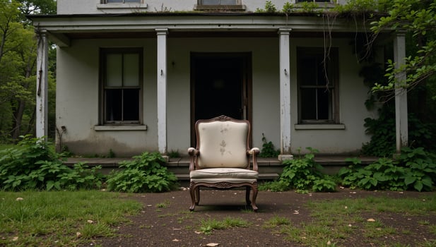 A hauntingly beautiful scene features an abandoned cottage and its weathered chair amidst decay and neglect photo