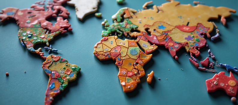 Microplastics polluting the globe portrayed as colored debris shaping world map photo