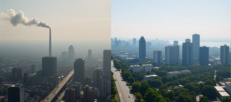 City contrasted by smoggy versus clean skies amidst electric transport system transformation photo