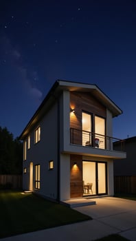 Modern twostory home with gray and wooden accents large windows and a rightside parking area under clear skies filled with twinkling stars photo