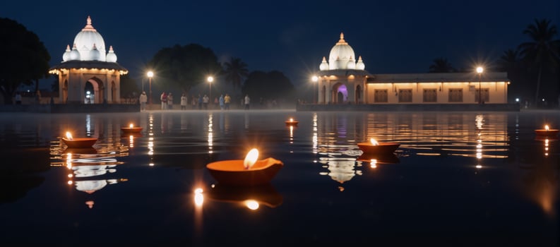 A peaceful Diwali Night Scene featuring floating diyas and captures the charm of the Diwali festival Diwali Diwali Celebration photo