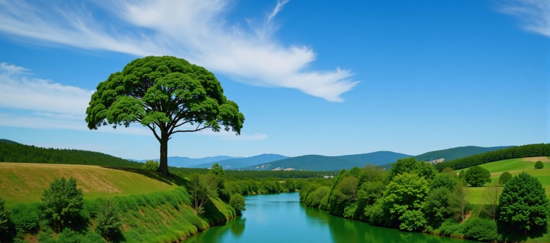 A lone tree stands amidst a forested green river landscape with sky background photo