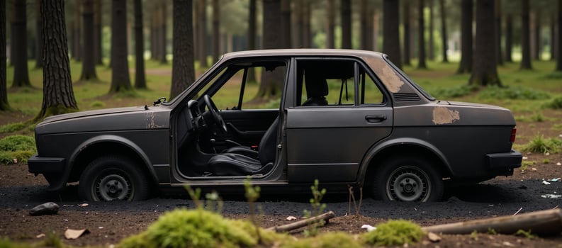 Abandoned vehicle amidst forest landscape photo