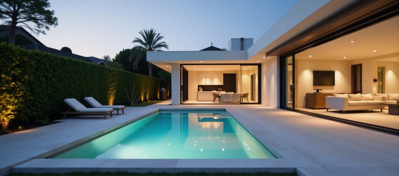 Modern home features a chic backyard layout with pool outdoor bar nearby photo