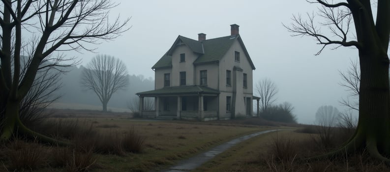 Abandoned village on a winter night with heavy mist and fog 3D Render photo