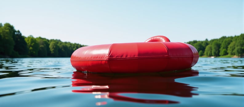 Red inflatable raft on water surface photo