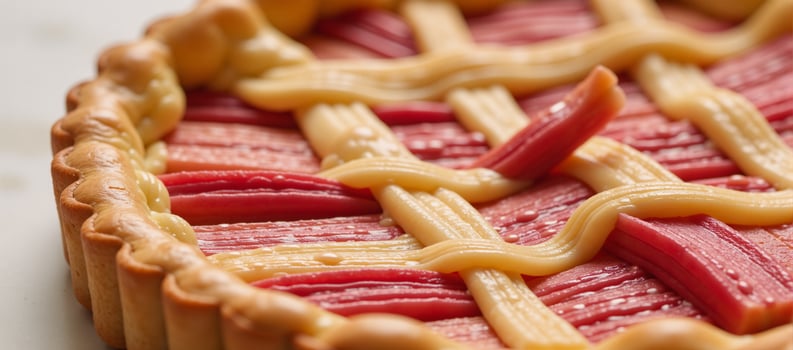 Closeup of colorful cheesy rhubarb tart with appetizing texture details photo