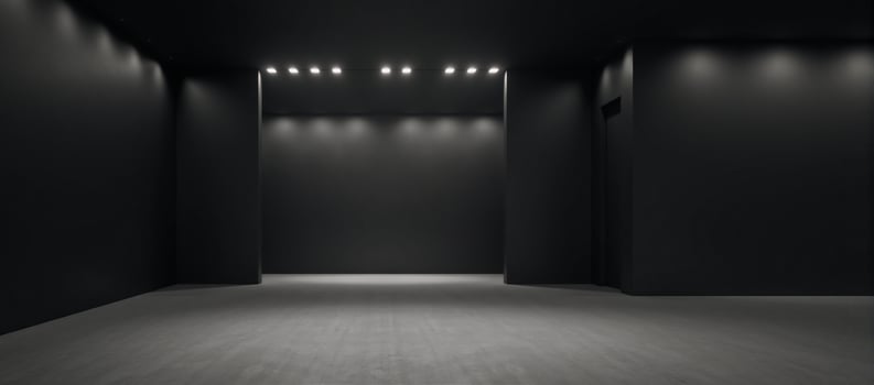 Modern minimalist mockup featuring an empty concrete hallway with black walls and LED lights lining the ceiling photo