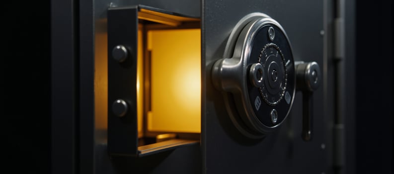 Silver bank vaults opened door reveals glowing gold and jewels Personal Treasures Secure Storage photo