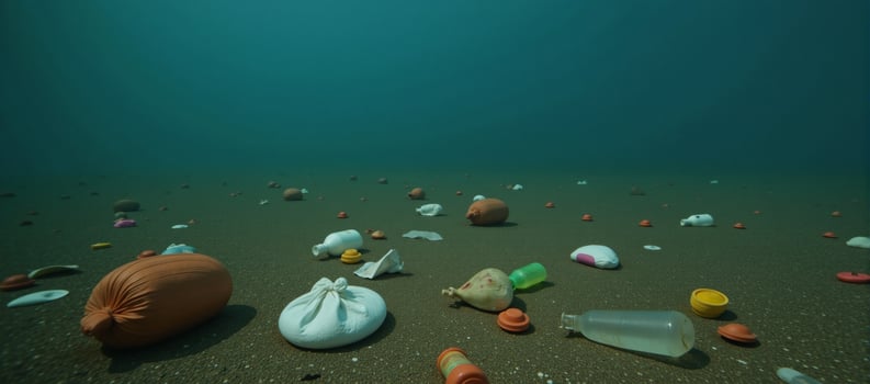 Underwater photograph showcasing plastic pollution within ocean waters photo