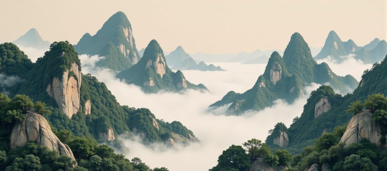 Inkjet print depicting a traditional Chinesestyle landscape featuring clouds and mist photo
