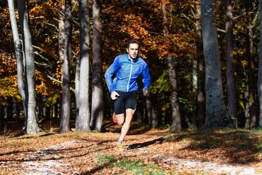 Running athlete trains in the autumn forest photo