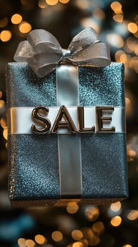 Silver gift box wrapped with silver ribbon announcing sale photo