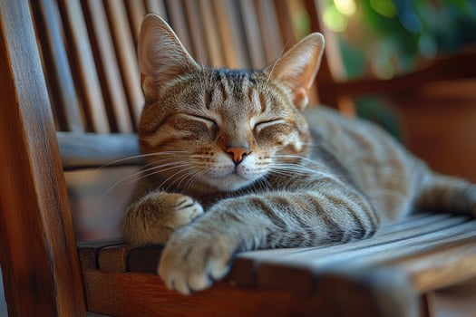 Tabby cat sleeping peacefully on wooden bench photo
