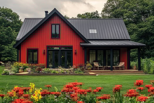 Modern red tiny house with black metal roof surrounded by flowers photo