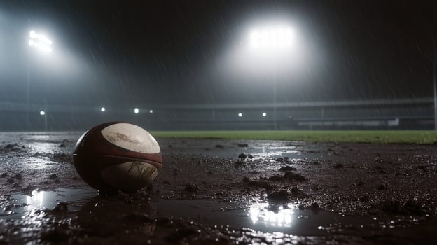 wet rugby ball rests on muddy field under bright stadium lights, capturing essence of rainy game night. atmosphere is intense and dramatic, highlighting sports resilience photo