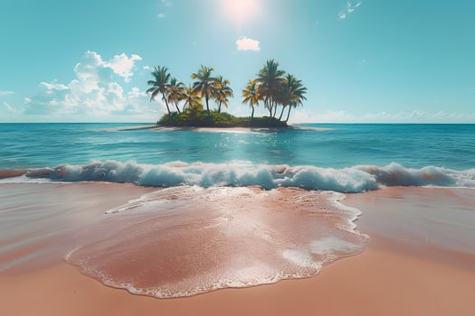 Tropical Paradise Island with Palm Trees and Tranquil Waves under Sunny Skies photo