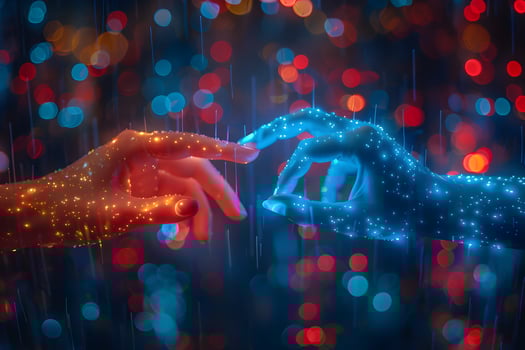 Digital Connection Futuristic Hand Gesture with Colorful Bokeh Lights photo