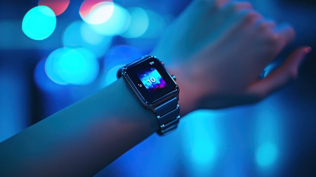 A hand wearing a smartwatch, resting gently against a blue background photo