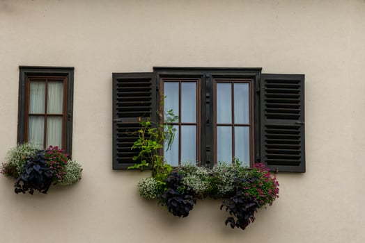 A large window with black shutters and a flower box is on a building with beige walls photo