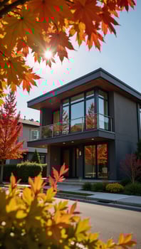 Vibrant autumn foliage accentuates modern suburban home on sundrenched street photo
