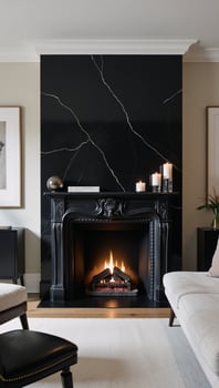 A living room featuring a sleek black marble fireplace as its centerpiece dcor element photo